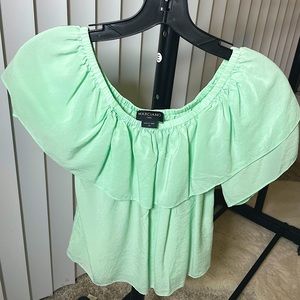 MARCIANO OFF THE SHOULDER RUFFLE MINT SILK TOP